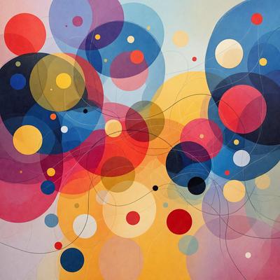 The primary subject of the image is a colorful painting featuring a variety of shapes, colors, and patterns. The painting is set against a white background, which helps to emphasize the vibrant colors and intricate designs. The visual style of the painting is a mix of digital art and traditional illustration, creating a unique and captivating piece of art. The dominant colors in the painting are red, yellow, and blue, which contribute to a lively and energetic atmosphere.